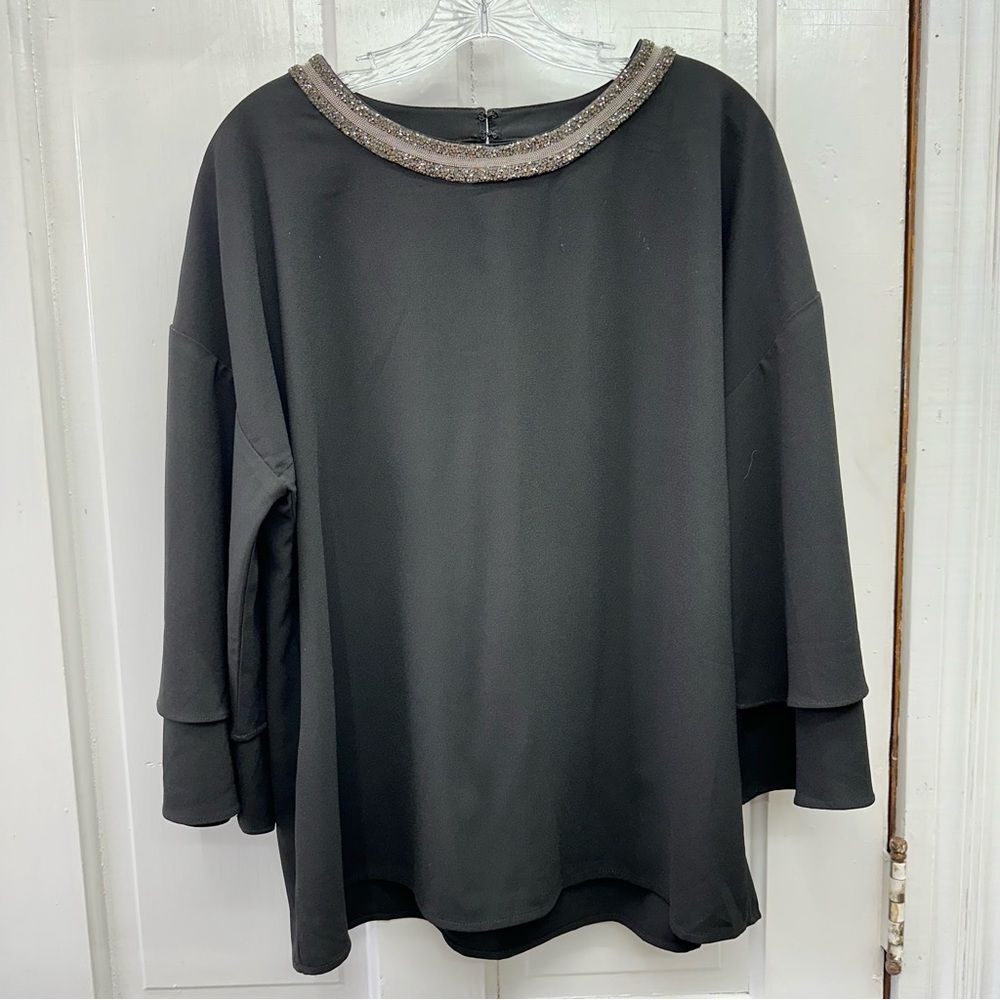 Gilli black blouse rhinestone‎ gem neckline women's bell sleeve 1X
